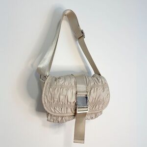 Beige Nylon Ruched Sporty Silver Buckle Purse with Adjustable Strap Top Shop
